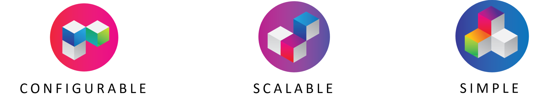 ikoner som illustrerer at Novux fra CommScope er konfigurerbart, skalerbart og simpelt