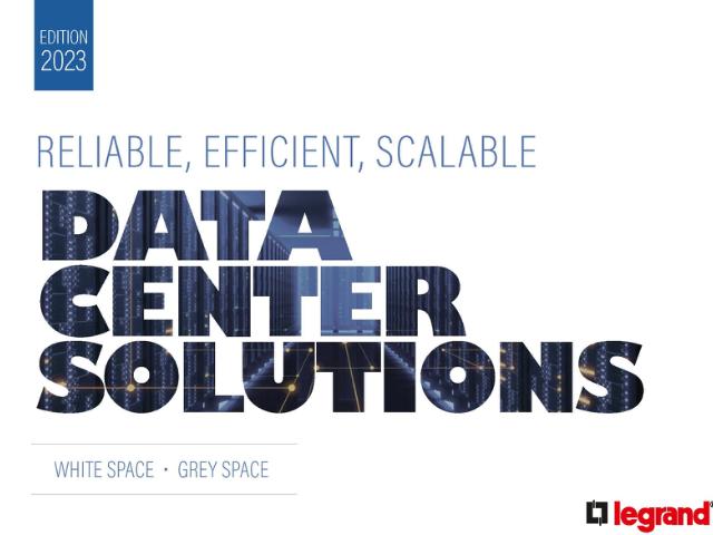 Download legrands datacenter brochure. Forside til en publikation fra Legrand med titlen 'Data Center Solutions – Reliable, Efficient, Scalable'. Teksten 'White Space – Grey Space' indikerer fokusområder. Legrand-logoet ses nederst til højre.