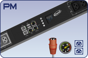 PM PDU fra Powertek med netværksporte, display og stikudtag, designet til brug i serverracks eller datacentre.