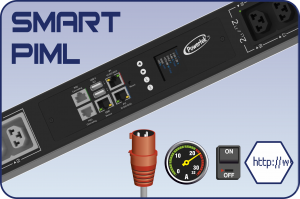 Smart PIML PDU fra Powertek med netværksporte, display og stikudtag, designet til brug i serverracks eller datacentre.