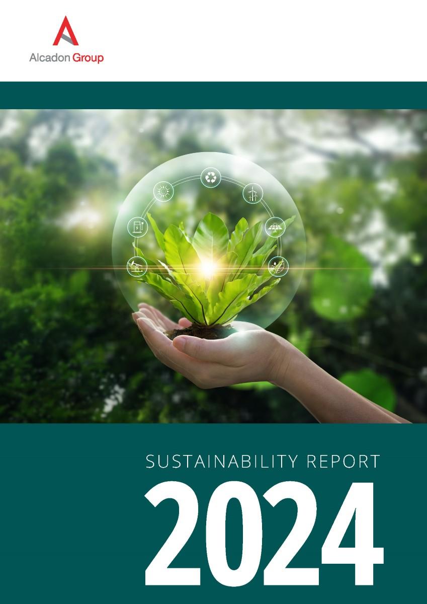 forsiden af Alcadons sustainability report viser en hånd som holder en krystalkugle med en plante i