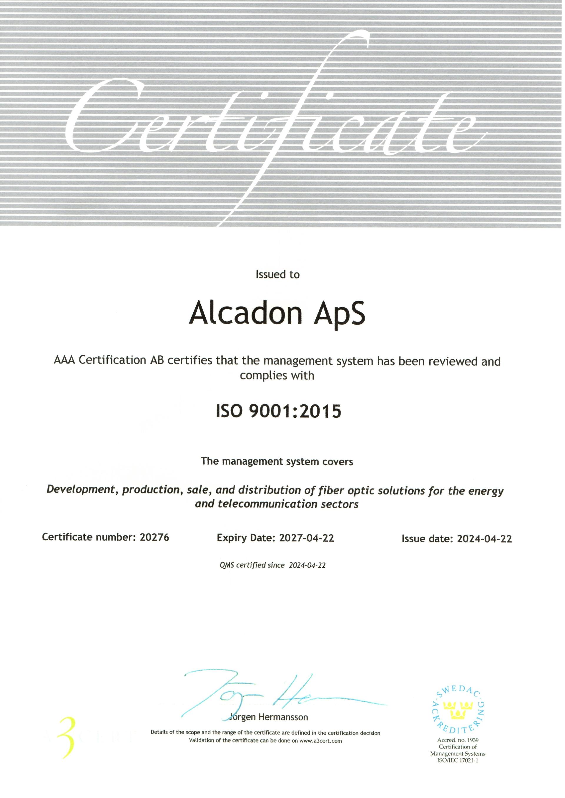 alcadons iso 9001:2015 certifikat