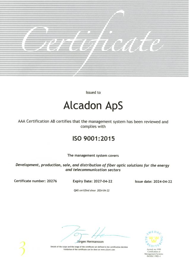 picture of Alcadons ISO 9001:2015 certificate