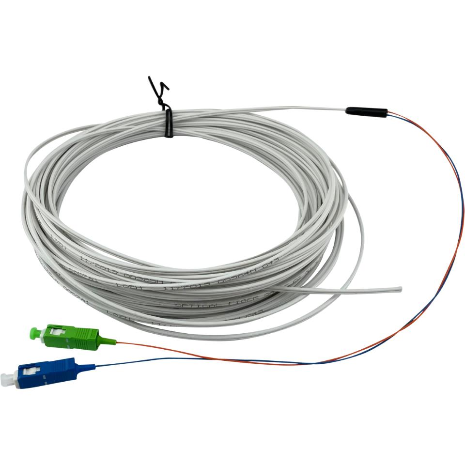 Pigtail SC/UPC + SC/APC 30M Duplex 2 Fiber kabel Flatdrop white LSZH G657.A1 fanout 30cm af 900µm