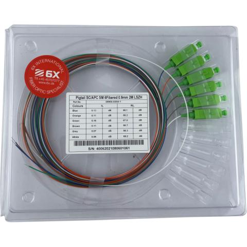 Pigtailsæt SC/APC 6 farver 9/125µm semitight 2M Blå, orange, grøn, brun, grå, hvid