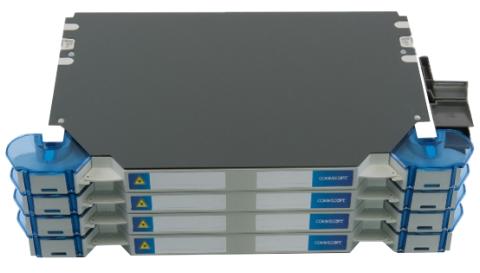 CommScope FACT NG4 chassis (EMPTY) w. 8 unloaded trays, 4E (4x 30,95mm), for 16 NG4 Adaptor packs, 16 NG4 MPO or 8 NG4 LC/SC. Up to 192F MPO-LC