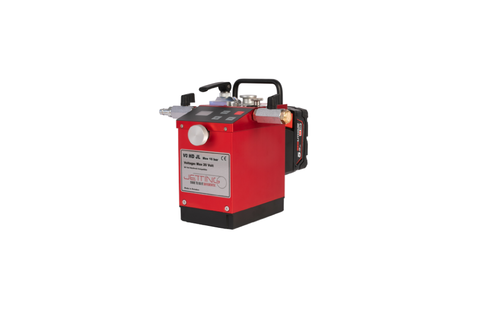 Jetting V0-HD blæsemaskine til kabel 0,8-6,5mm og rør 3-16mm. Inkl. 2x batteri 18V/5Ah, oplader samt 3 drivhjul.