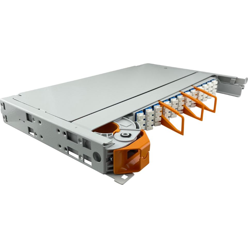 CommScope MFPS Skuffe 1HU 48 SC/UPC pigtails 12 farver ej monteret Patchkabler ud i højre side. Inkl. specialprint på frontlåg