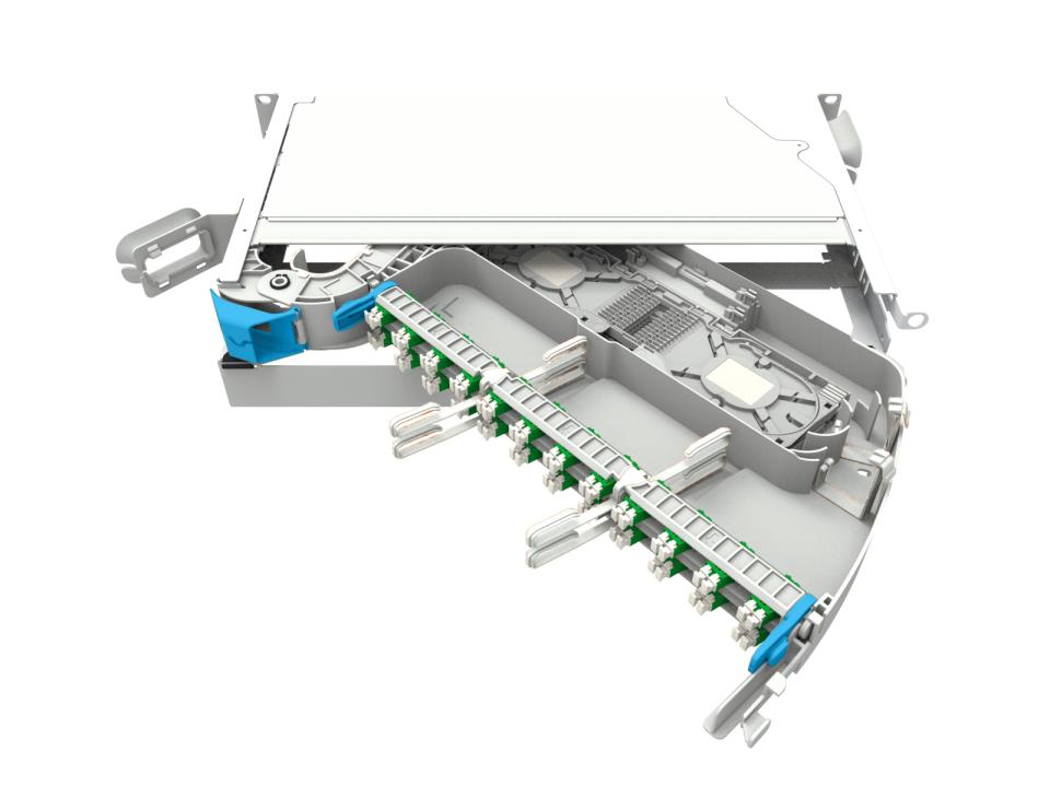 CommScope MFPS Skuffe 1HU 24 LC/APC monteret med adaptors og pigtails 12 farver EIA/TIA 598 Patchkabler ud i venstre side.