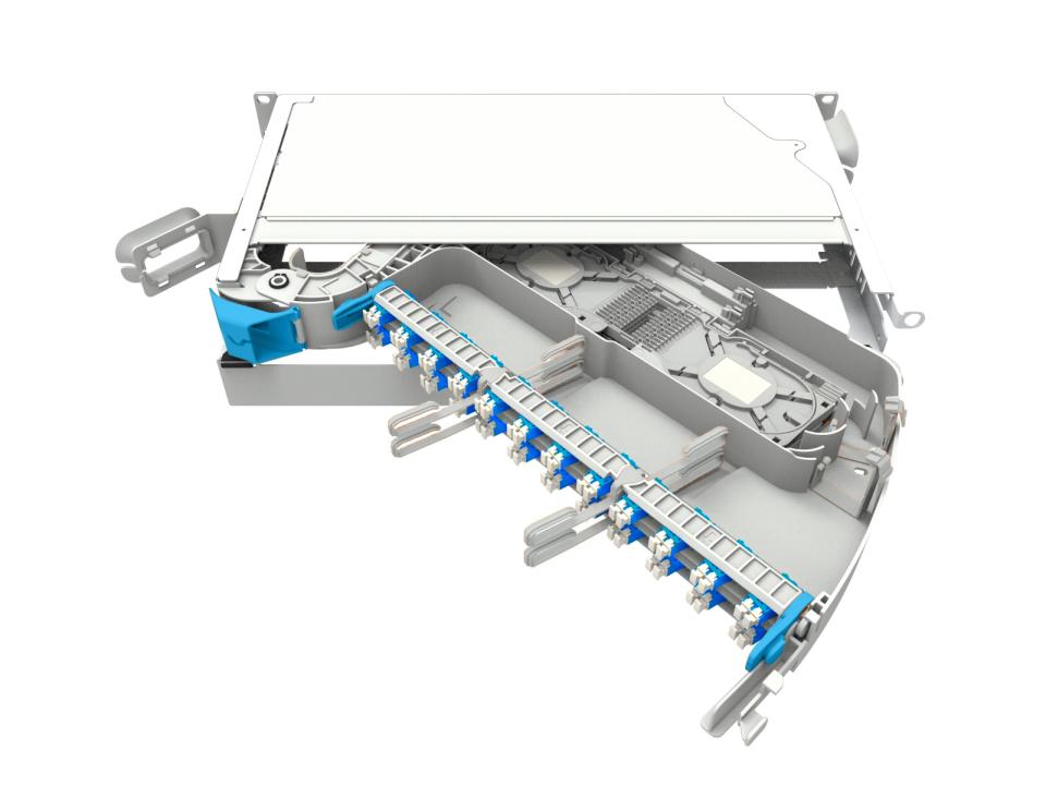 CommScope MFPS Skuffe 1HU 24 LC/UPC monteret med adaptors og pigtails 12 farver EIA/TIA 598 Patchkabler ud i venstre side.