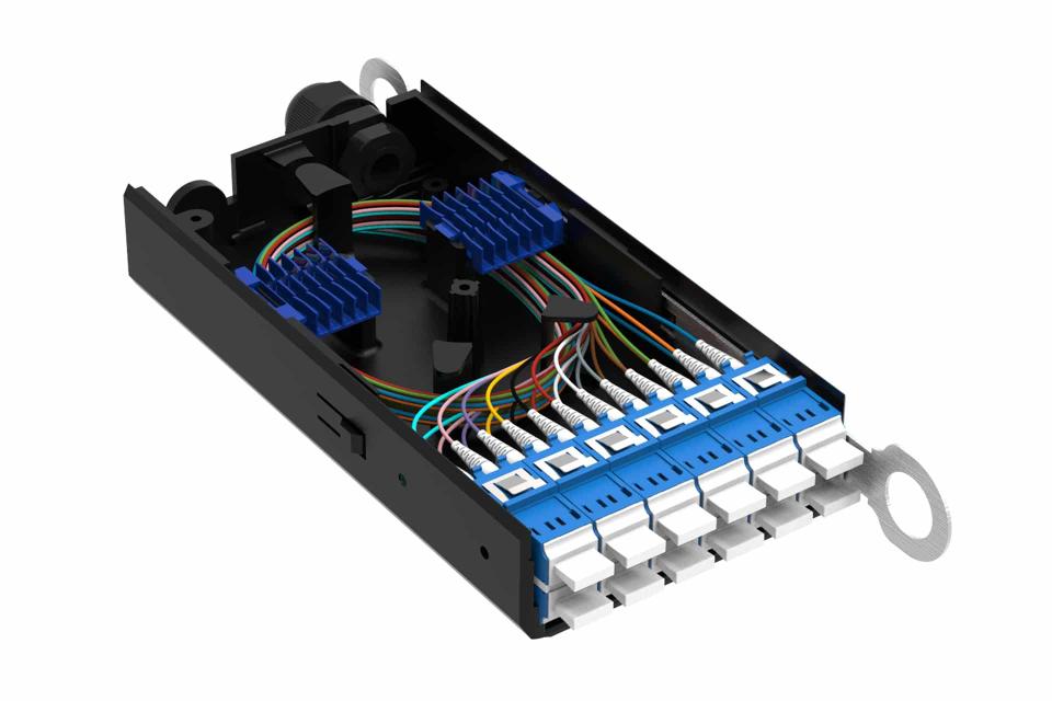 UHD Splice Module 12x LC/APC singlemode G657.A1 pigtails, 6xLC/APC Duplex adaptors farvekode EIA/TIA 598