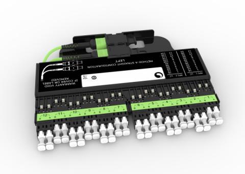 CommScope FACT ULL NG4 MPO module Method A (Left side module) 2x12F MPO MALE/PINNED Straight Lime Green, 24xLC OM5 Duplex Port numbering