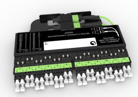 CommScope FACT ULL NG4 MPO module Method A (Right side module) 2x12F MPO MALE/PINNED Straight Lime Green, 24xLC OM5 Duplex Port numbering