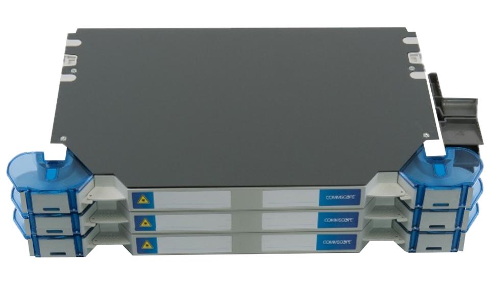 CommScope FACT 144 LC/UPC 3E splice/patch element (3x30.95mm) connections with patch cords leaving to the RIGHT