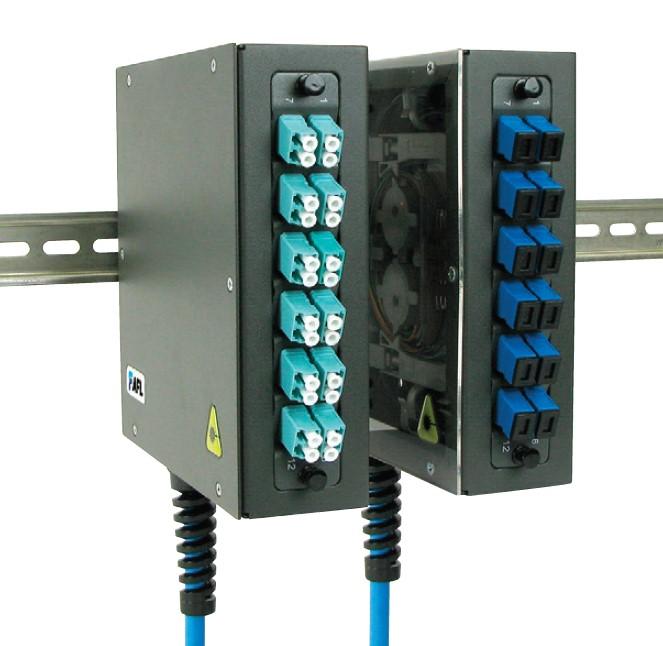 AFL Hyperscale DIN Rail Box 2 splejsningskassetter, pigtails, adapterpanel med adaptere, klart dæksel DIN-skinne klips