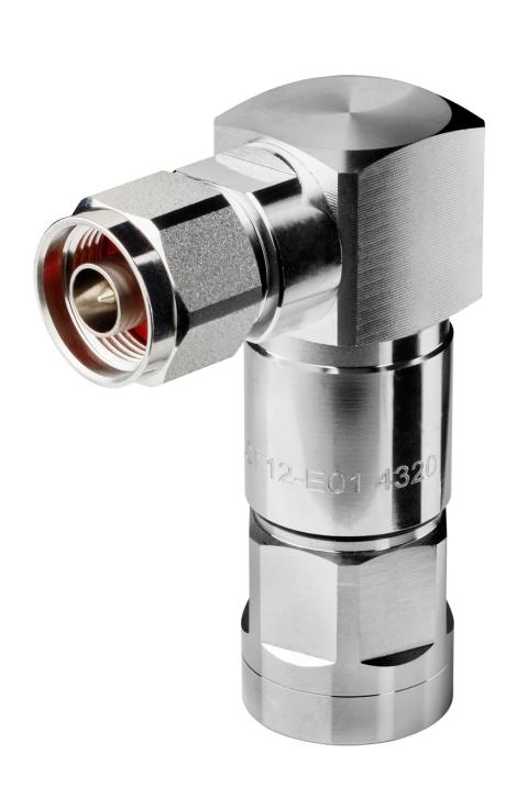 RFS N Male Connector for 1/2" Coaxial Cable, OMNI FIT™ Premium, Right Angle, polymer claw and compression sealing.