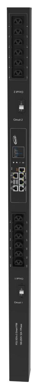 Powertek Intelligent PDU 230V, 1 fase, 32amp, låsning af power kabler C13/C19 kombination i samme udtag, 12 udtag redundant netværks mulighed,  OLED display, overvågning af  sikringer