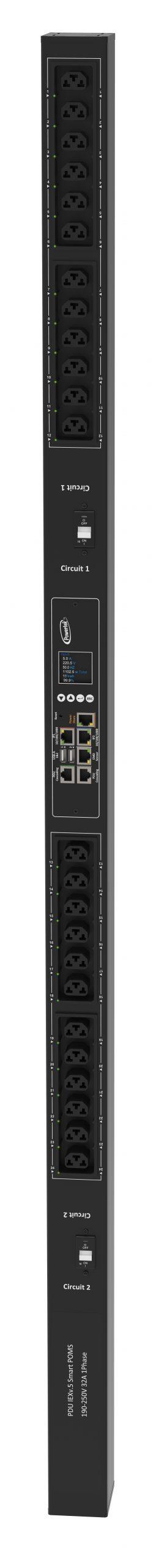 Powertek Intelligent PDU 230V, 1 fase, 32amp, låsning af power kabler C13/C19 kombination i samme udtag, 24 udtag redundant netværks mulighed,  OLED display, overvågning af  sikringer