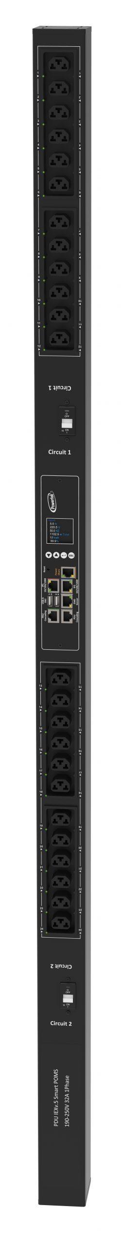 Powertek Intelligent PDU 230V, 1 fase, 32amp, låsning af power kabler C13/C19 kombination i samme udtag, 24 udtag redundant netværks mulighed, OLED display, overvågning af sikringer