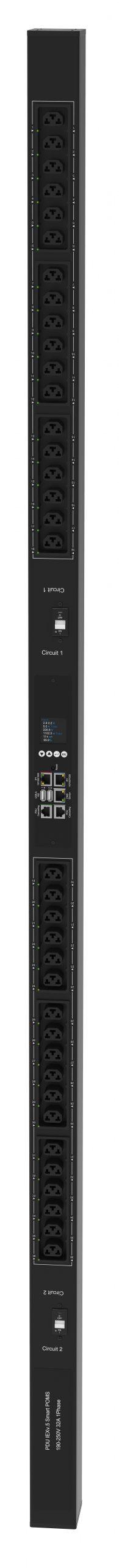 Powertek Intelligent PDU 230V, 1 fase, 32amp, låsning af power kabler C13/C19 kombination i samme udtag, 36 udtag redundant netværks mulighed,  OLED display, overvågning af  sikringer