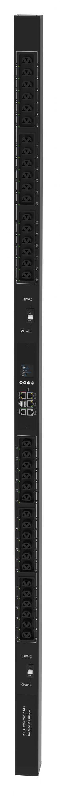 Powertek Intelligent PDU 230V, 1 fase, 32amp, låsning af power kabler C13/C19 kombination i samme udtag, 36 udtag redundant netværks mulighed, OLED display, overvågning af sikringer