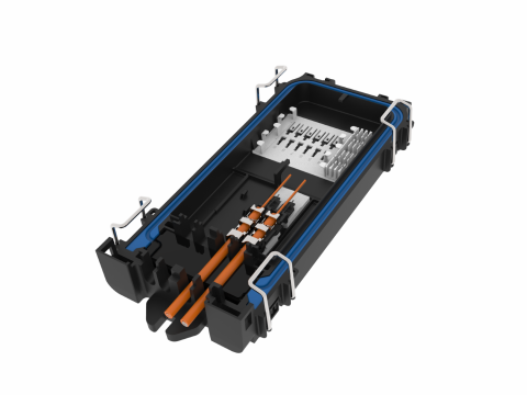 CommScope NOVUX™ Specialty Range Closure 100, splice only, no adapters, no splitters, 24 splices, SMOUV® 45mm splice protectors, black, 2x NVX-CR-TI-SM-NN cable retention