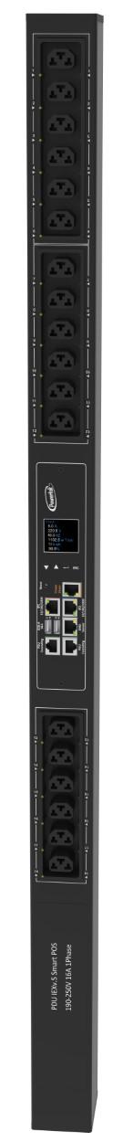 Powertek Intelligent PDU 230V, 1 fase, 16amp,låsning af power kabler, C13/C19 kombination i samme udtag, 18 udtag, redundant netværks mulighed, OLED display, power on/off remote