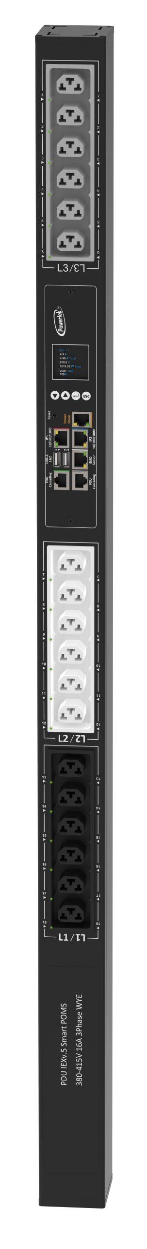 Powertek Intelligent PDU 380-415V, 3 fase, 16amp, låsning af power kabler C13/C19 kombination i samme udtag, 18 udtag redundant netværks mulighed, OLED display, overvågning af sikringer