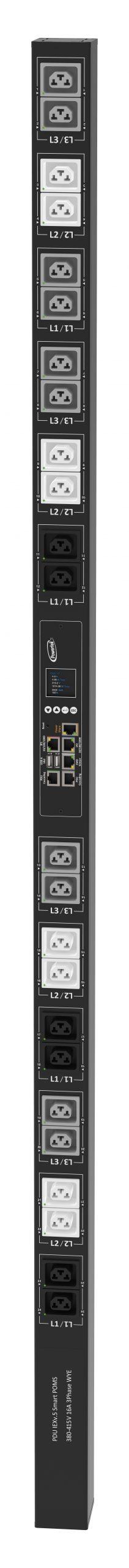 Powertek Intelligent PDU 380-415V, 3 fase, 16amp, låsning af power kabler C13/C19 kombination i samme udtag, 24 udtag redundant netværks mulighed, OLED display, overvågning af  sikringer