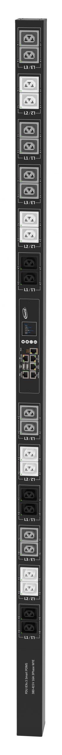 Powertek Intelligent PDU 380-415V, 3 fase, 16amp, låsning af power kabler C13/C19 kombination i samme udtag, 24 udtag redundant netværks mulighed, OLED display, overvågning af sikringer