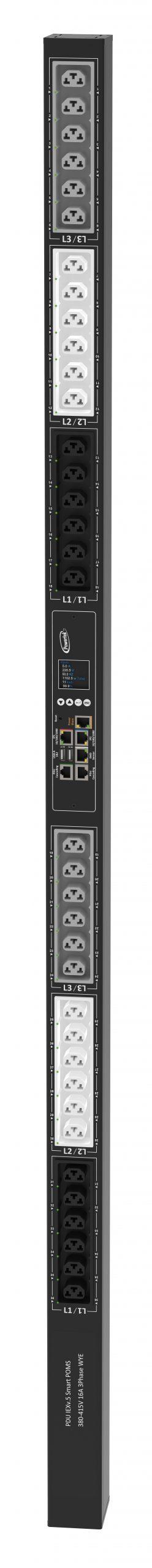Powertek Intelligent PDU 380-415V, 3 fase, 16amp, låsning af power kabler C13/C19 kombination i samme udtag, 36 udtag redundant netværks mulighed, OLED display, overvågning af  sikringer