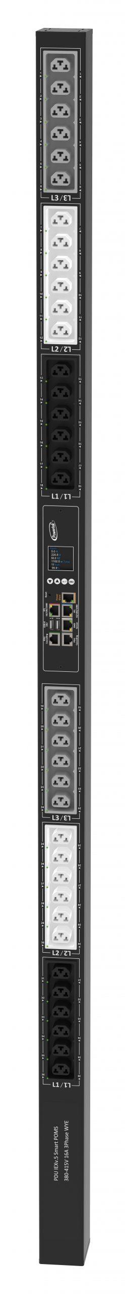 Powertek Intelligent PDU 380-415V, 3 fase, 16amp, låsning af power kabler C13/C19 kombination i samme udtag, 36 udtag redundant netværks mulighed, OLED display, overvågning af sikringer