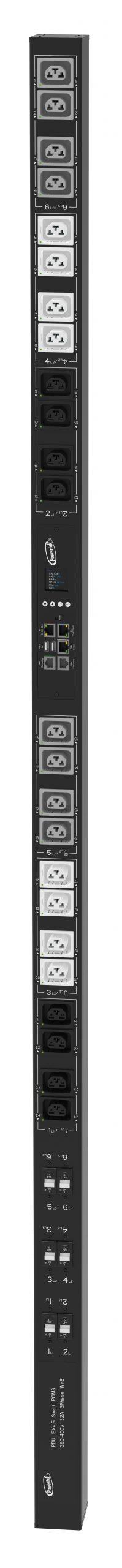 Powertek Intelligent PDU 380-415V, 3 fase, 32amp, låsning af power kabler C13/C19 kombination i samme udtag, 24 udtag redundant netværks mulighed, OLED display, overvågning af  sikringer