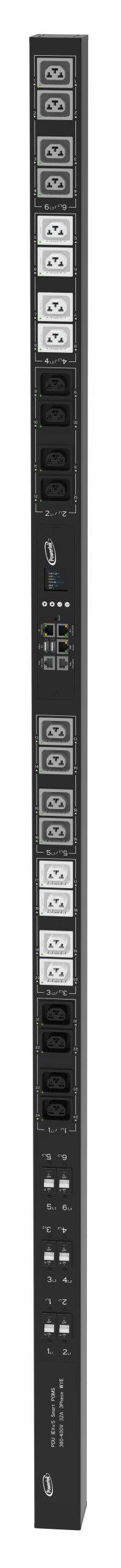 Powertek Intelligent PDU 380-415V, 3 fase, 32amp, låsning af power kabler C13/C19 kombination i samme udtag, 24 udtag redundant netværks mulighed, OLED display, overvågning af sikringer
