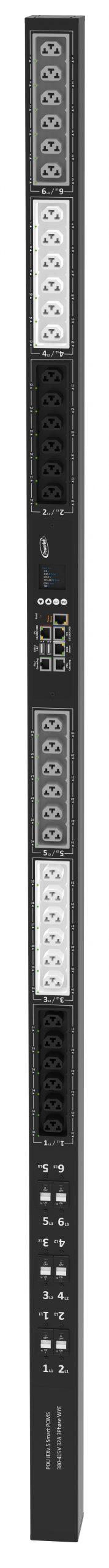 Powertek Intelligent PDU 380-415V, 3 fase, 32amp, låsning af power kabler C13/C19 kombination i samme udtag, 36 udtag redundant netværks mulighed, OLED display, overvågning af sikringer