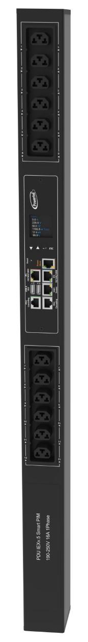 Powertek Intelligent PDU 230V, 1 fase, 16amp, låsning af power kabler, C13/C19 kombination i samme udtag, 12 udtag redundant netværks mulighed,  OLED display, overvågning af sikringer