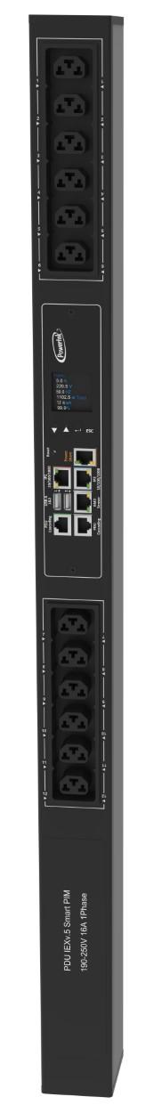 Powertek Intelligent PDU 230V, 1 fase, 16amp, låsning af power kabler, C13/C19 kombination i samme udtag, 12 udtag redundant netværks mulighed, OLED display, overvågning af sikringer