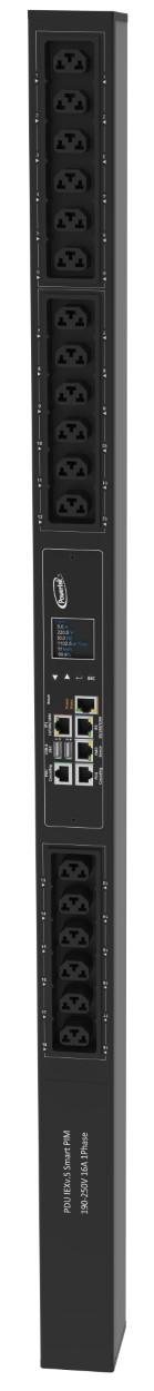 Powertek Intelligent PDU 230V, 1 fase, 16amp, låsning af power kabler, C13/C19 kombination i samme udtag, 18 udtag redundant netværks mulighed, OLED display, overvågning af sikringer
