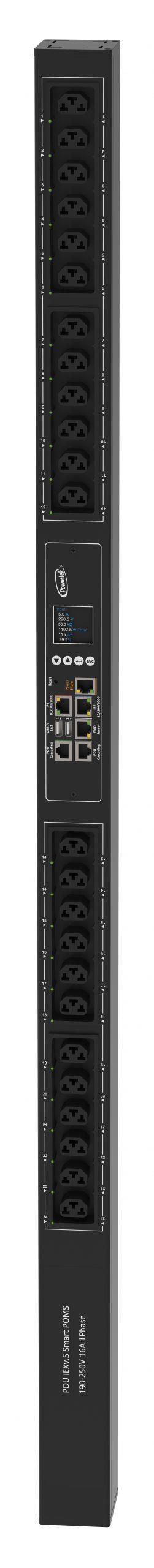 Powertek Intelligent PDU 230V, 1 fase, 16amp, låsning af power kabler, C13/C19 kombination i samme udtag, 24 udtag redundant netværks mulighed, OLED display, overvågning af sikringer
