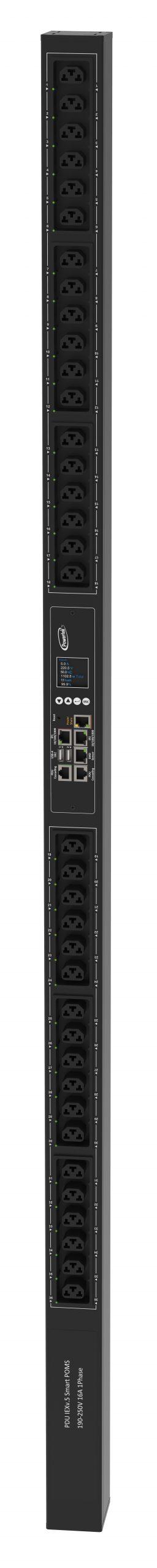 Powertek Intelligent PDU 230V, 1 fase, 16amp, låsning af power kabler, C13/C19 kombination i samme udtag, 36 udtag redundant netværks mulighed, OLED display, overvågning af sikringer