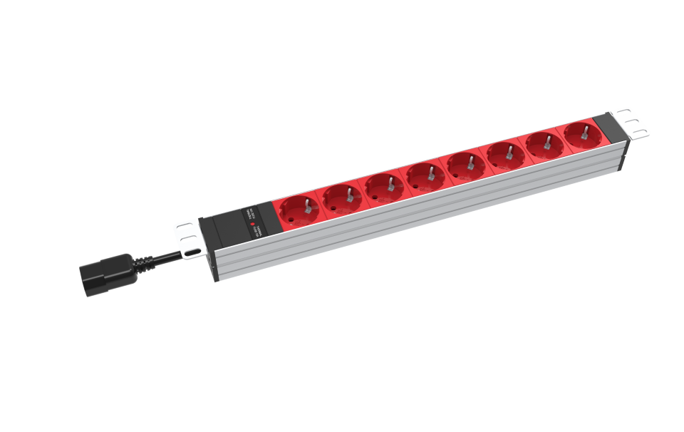 Powertek PDU19in 8 Schuko+10Aov, 2M Cable C14 plug Red
