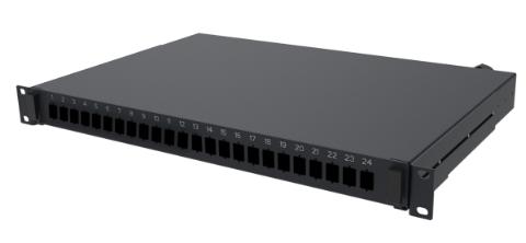 CommScope Fiber Optic Panel, 1U, 19 in, unloaded for holding up to 24 LC/UPC duplex adapters, black 19" panel tomt