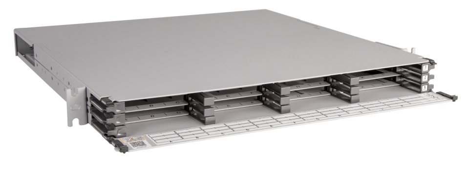 CommScope Propel 1RU sliding tray fiber panel, accepts Propel ULL modules or adapter packs, providing up to 72 duplex LC ports, 72 MPO ports  or 144 SN ports (288f)