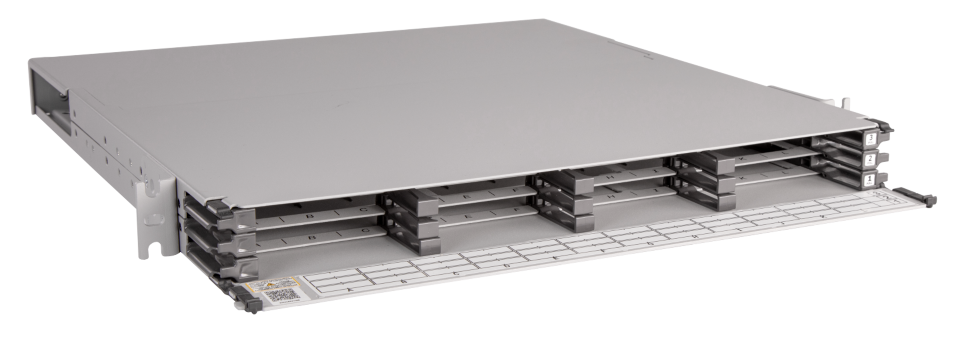 CommScope Propel 1RU sliding tray fiber panel, accepts Propel ULL modules or adapter packs, providing up to 72 duplex LC ports, 72 MPO ports or 144 SN ports (288f)