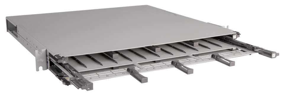 CommScope Propel 1RU sliding tray fiber panel, accepts Propel ULL modules or adapter packs, providing up to 72 duplex LC ports, 72 MPO ports or 144 SN ports (288f)