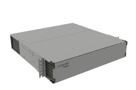 CommScope Propel 2RU sliding tray fiber panel, accepts Propel ULL modules or adapter packs, providing up to 144 duplex LC ports, 144 MPO ports or 288 SN ports (576f)