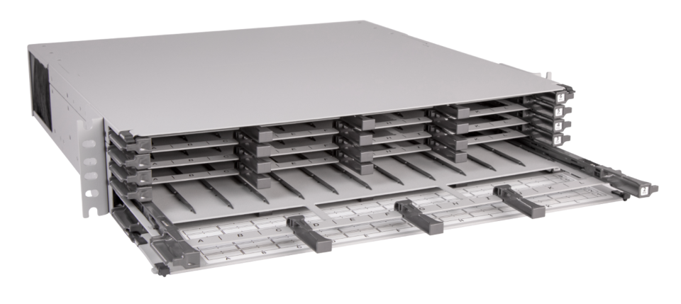 CommScope Propel 2RU sliding tray fiber panel, accepts Propel ULL modules or adapter packs, providing up to 144 duplex LC ports, 144 MPO ports or 288 SN ports (576f)