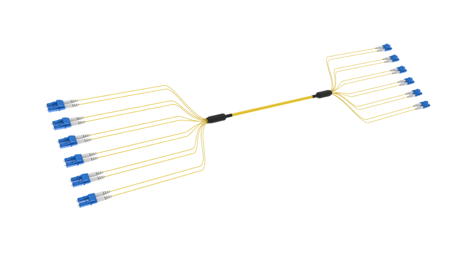 ECS 12F Pretermineret Kabel LC/UPC UNIBOOT - LC/UPC UNIBOOT 12FO MC SM G657A2 TL 15M LSZH CPR CCA YE 4.5mm END A: FAN OUT 1.5M DX TAILS 2mm + SOCK / END B: FAN OUT 0.8M DX TAILS 2mm + SOCK